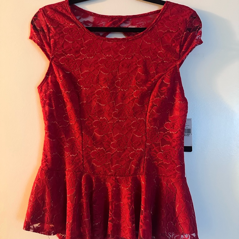 BCX Red Lace Cap Sleeve Blouse Size L Juniors‎